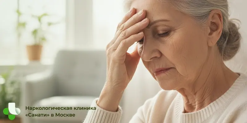 Пожилая женщина держится за голову